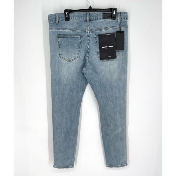 Homme + Femme NEW Tesla Skinny Blue Jeans Sz 38 Green Pink Gradient Logo Ribbon - Picture 5 of 10